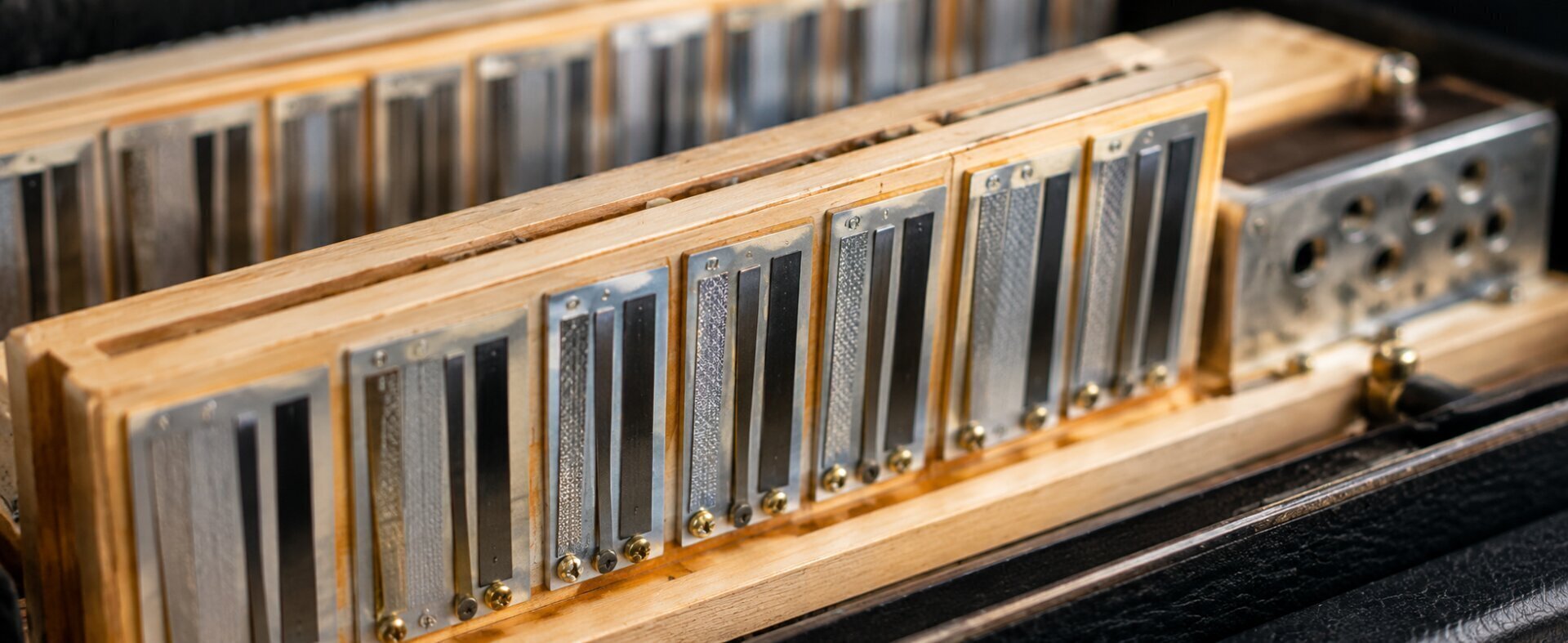 Nahaufnahme von Stimmplatten und Stimmzungen einer Steirischen Harmonika